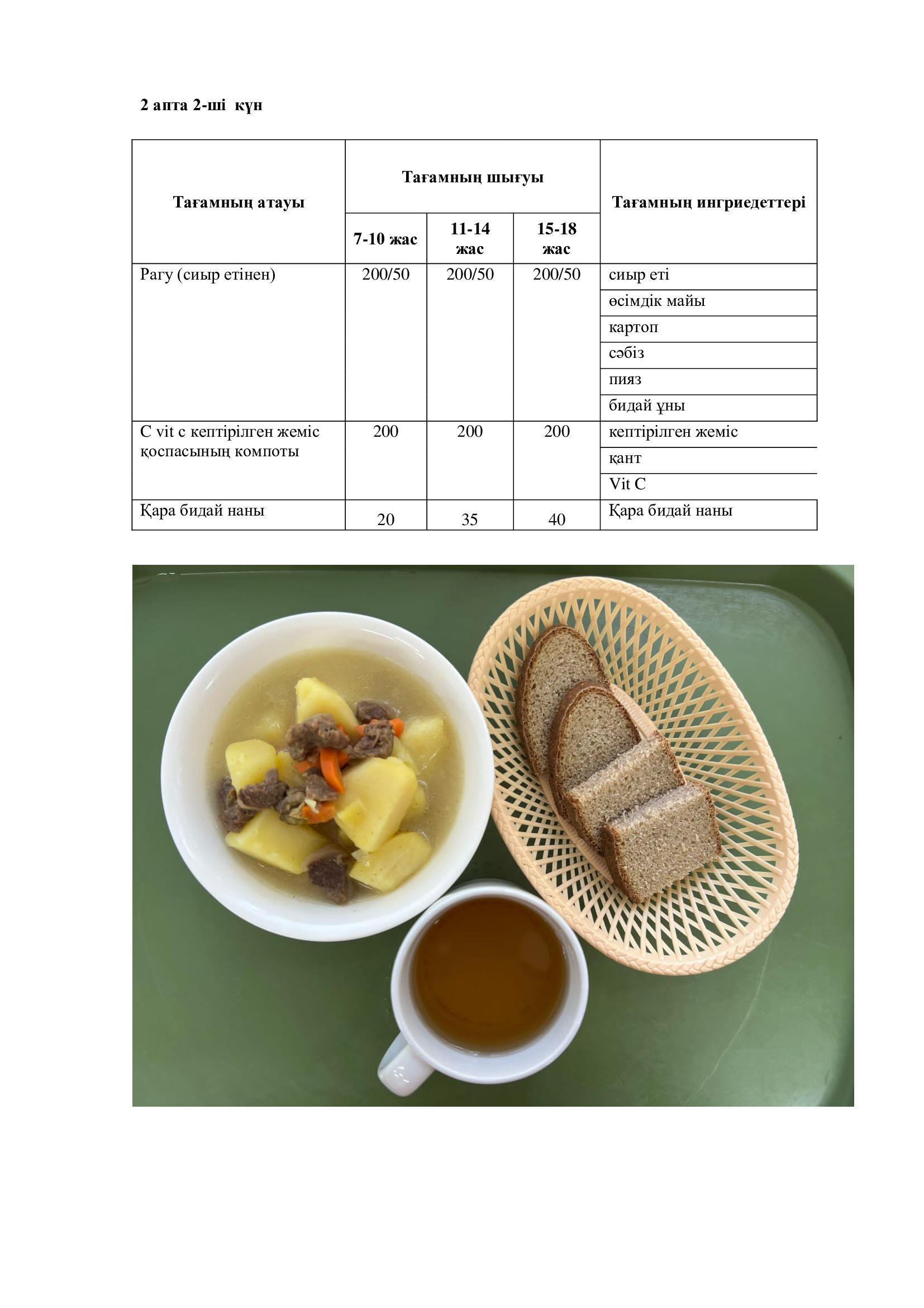 15.11.2022 жылына арналған ас мәзірі Меню на 15.11.2022