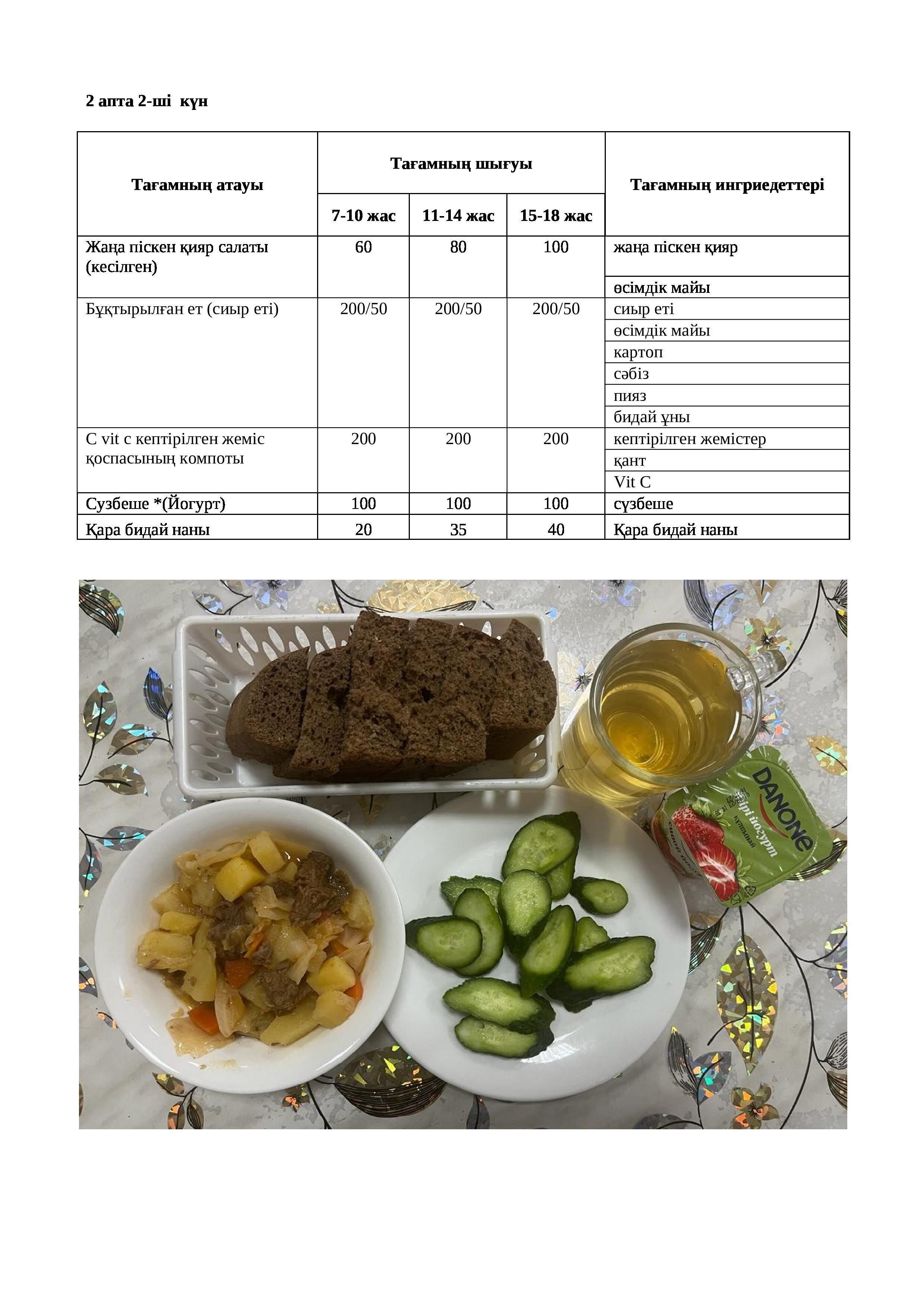 10.10.2023 жылына арналған ас мәзірі/Меню на 10.10.2023