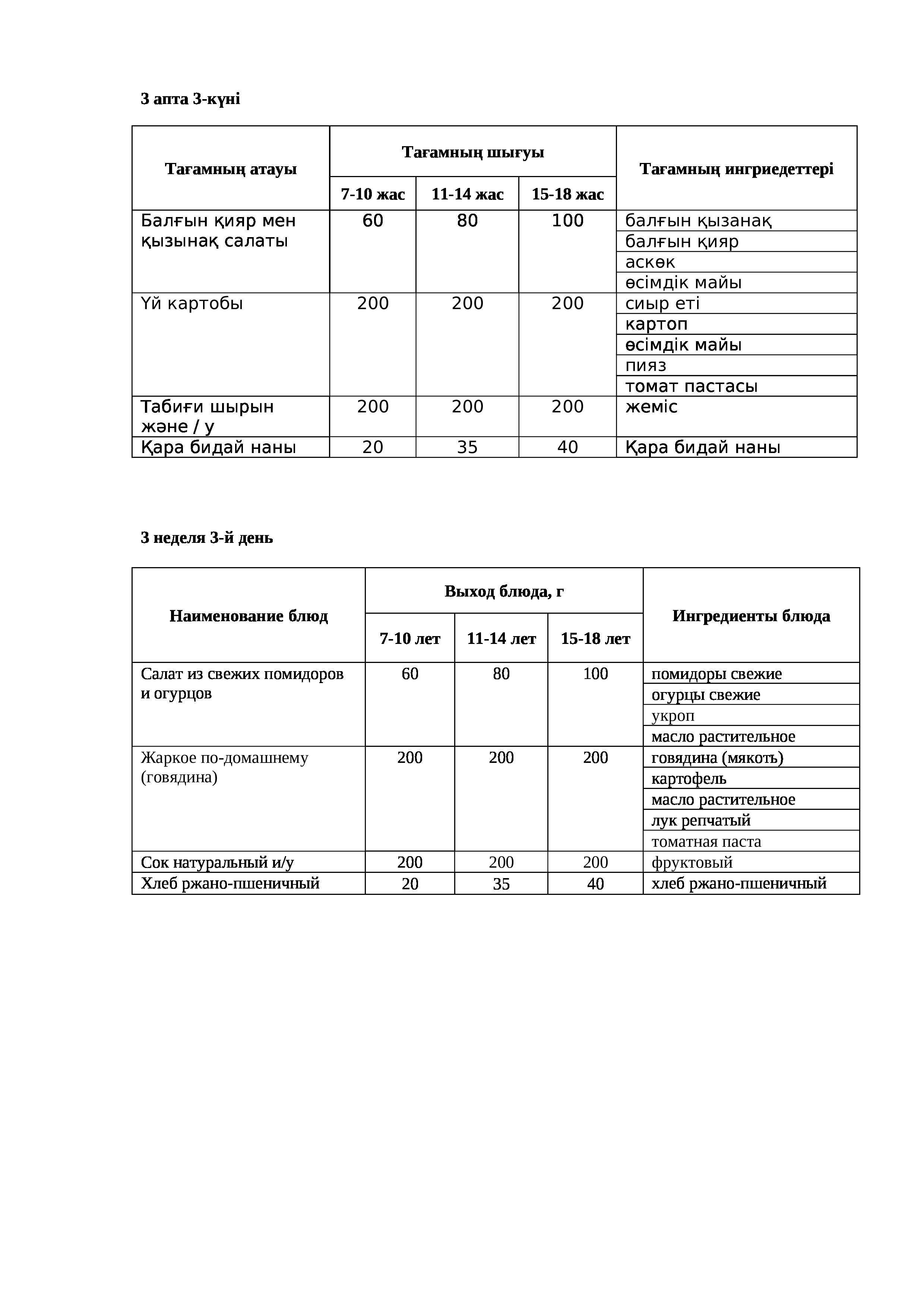 20.11.2024 жылына арналған ас мәзірі/Меню на 20.11.2024