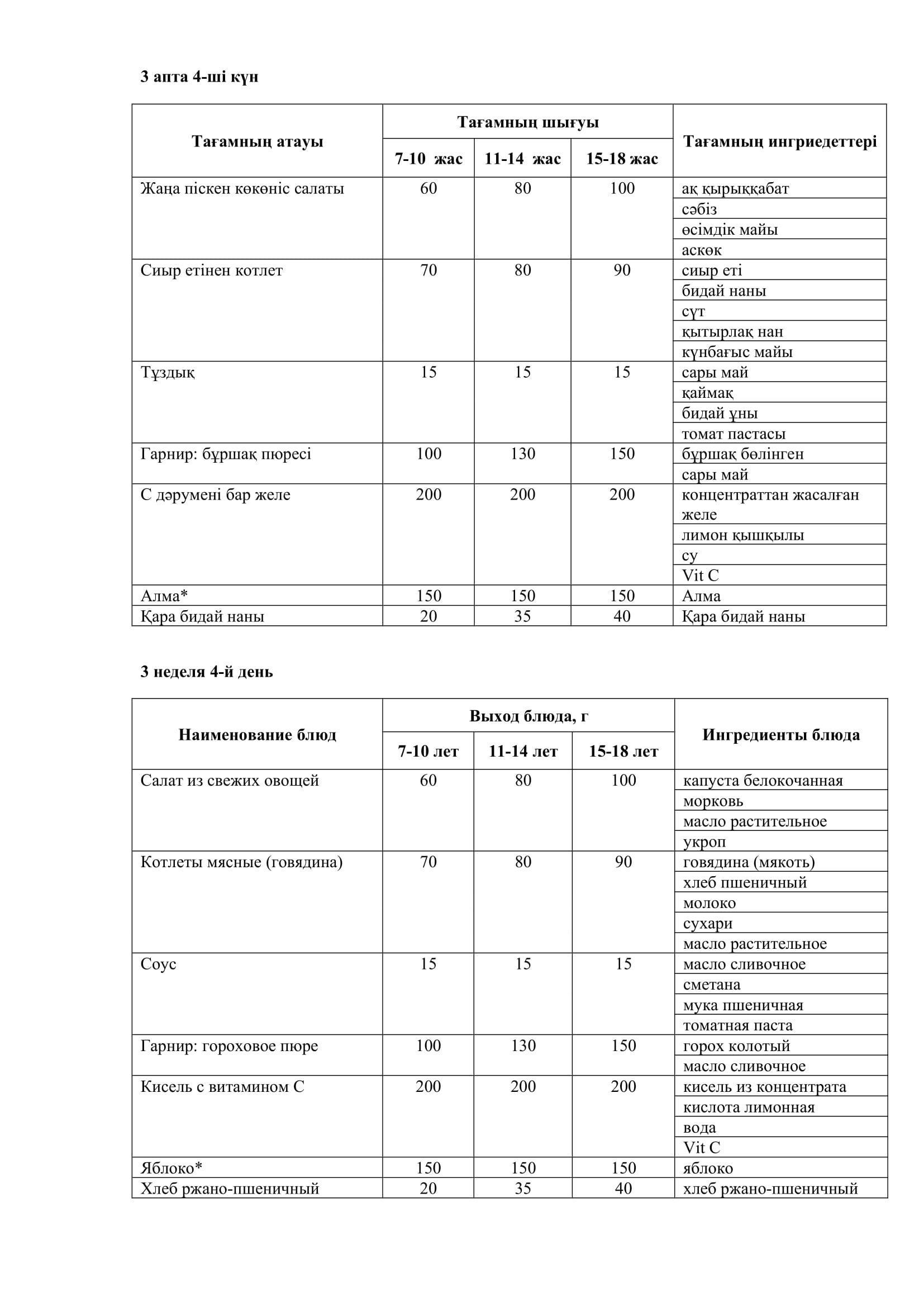 20.03.2025 жылына арналған ас мәзірі/Меню на 20.03.2025