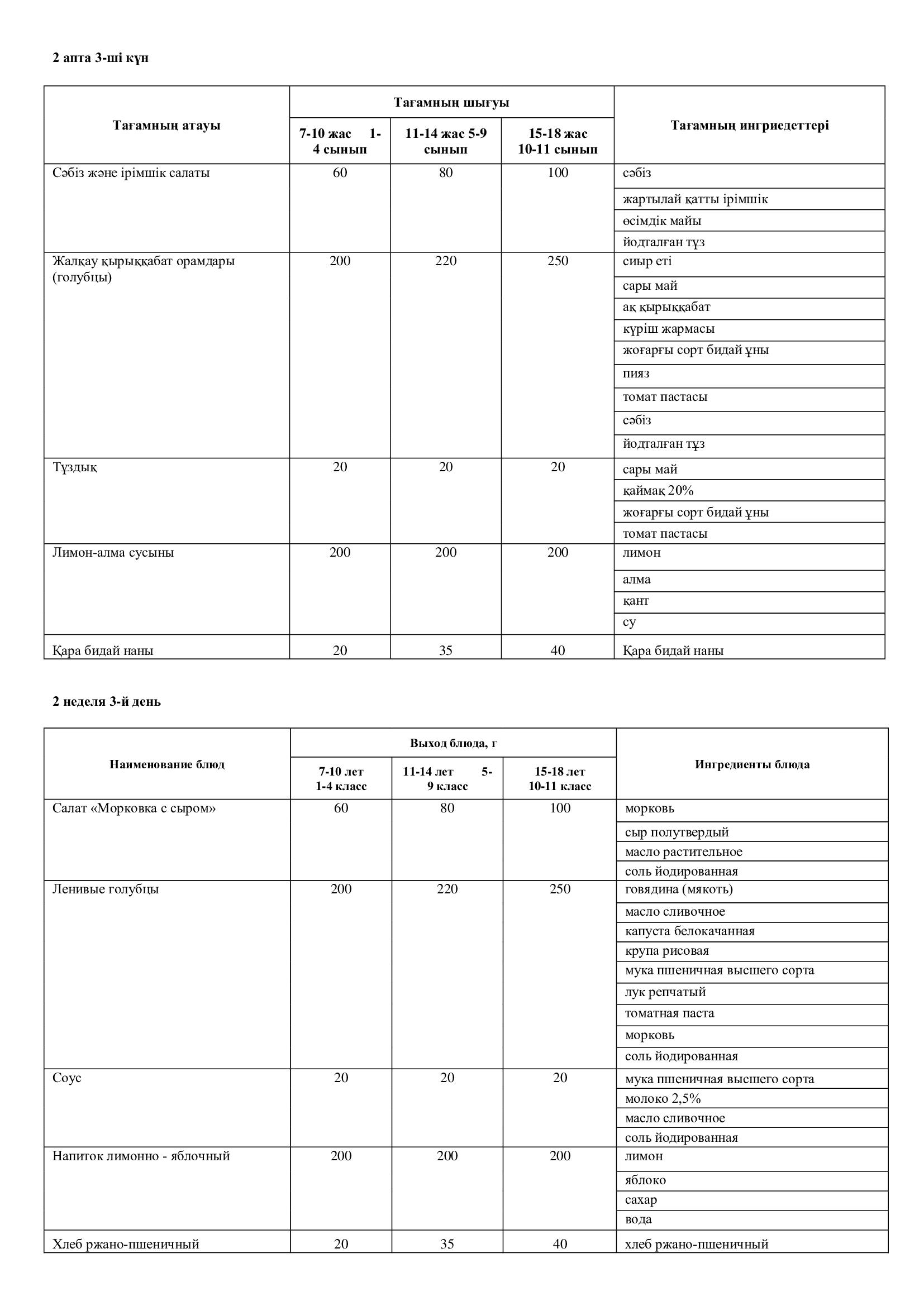 12.11.2025 жылына арналған ас мәзірі/Меню на 12.11.2025
