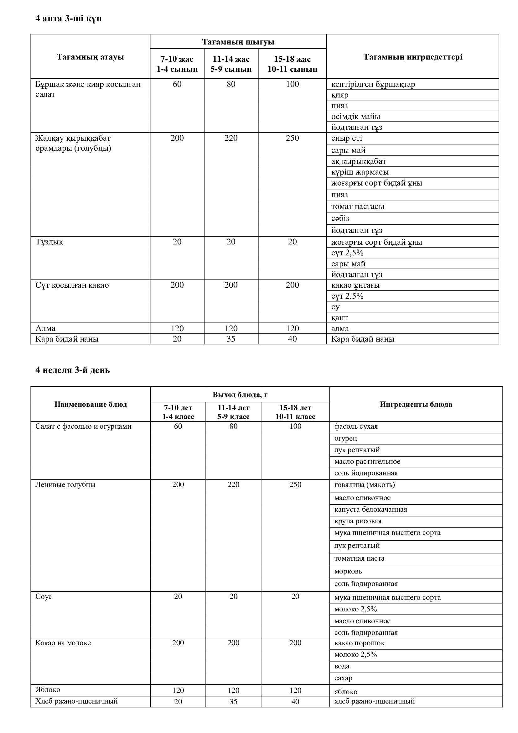 26.11.2025 жылына арналған ас мәзірі/Меню на 26.11.2025