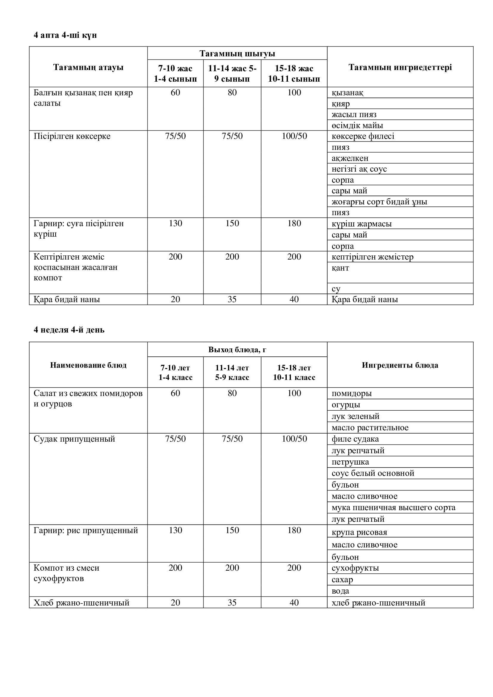 27.11.2025 жылына арналған ас мәзірі/Меню на 27.11.2025
