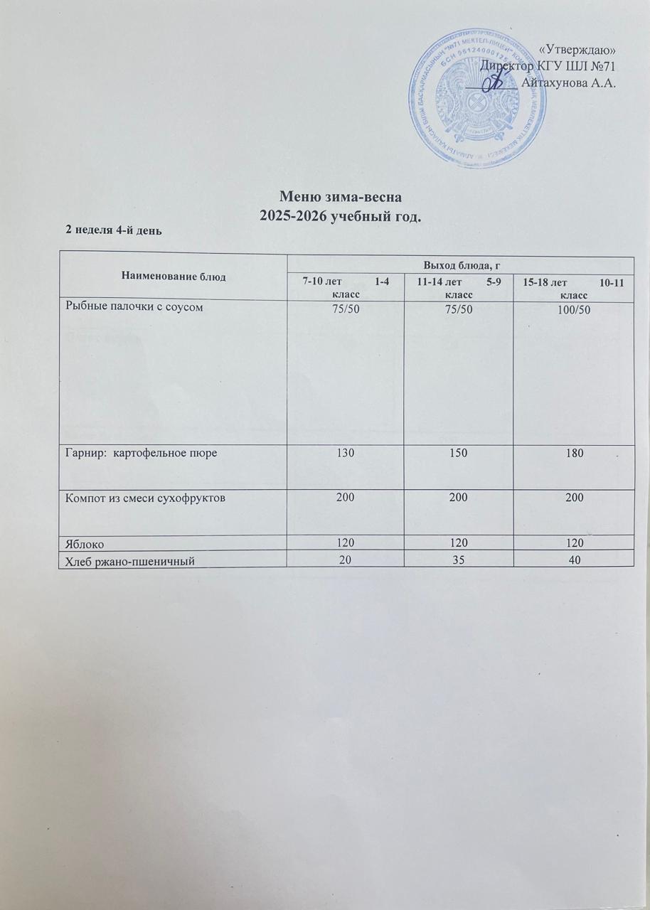 11.12.2025 жылына арналған ас мәзірі/Меню на 11.12.2025