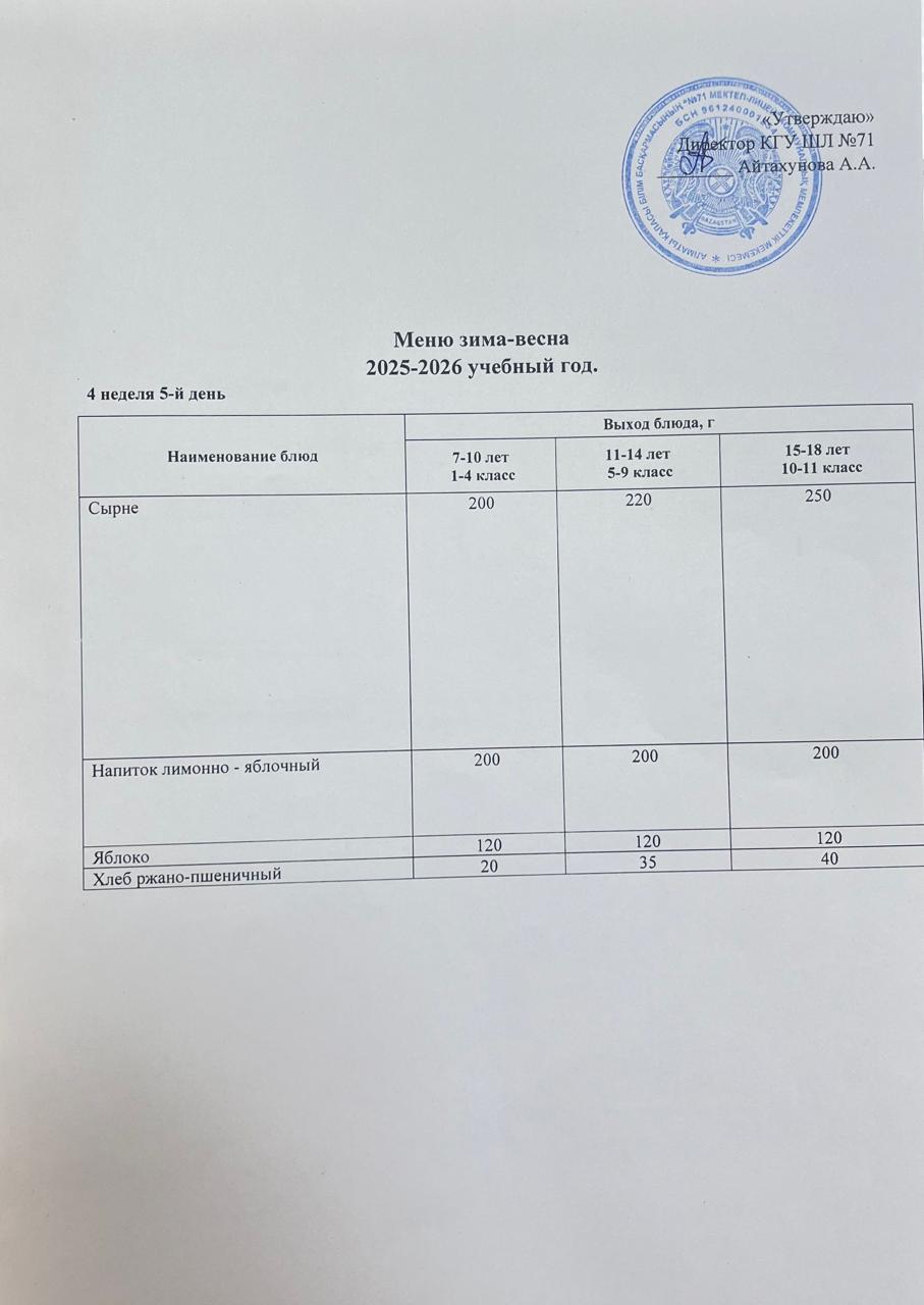 26.12.2025 жылына арналған ас мәзірі/Меню на 26.12.2025