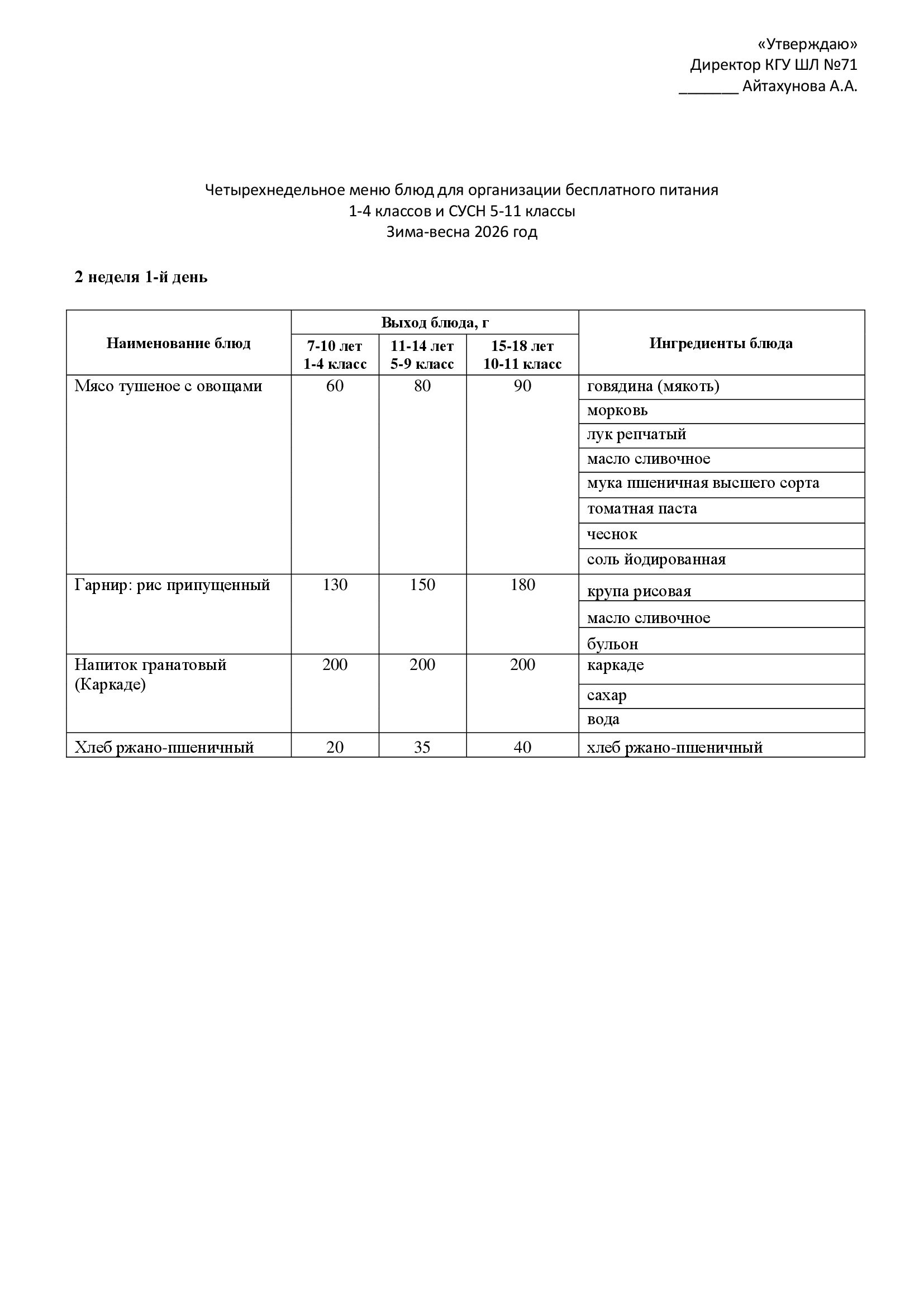 12.01.2026 жылына арналған ас мәзірі/Меню на 12.01.2026
