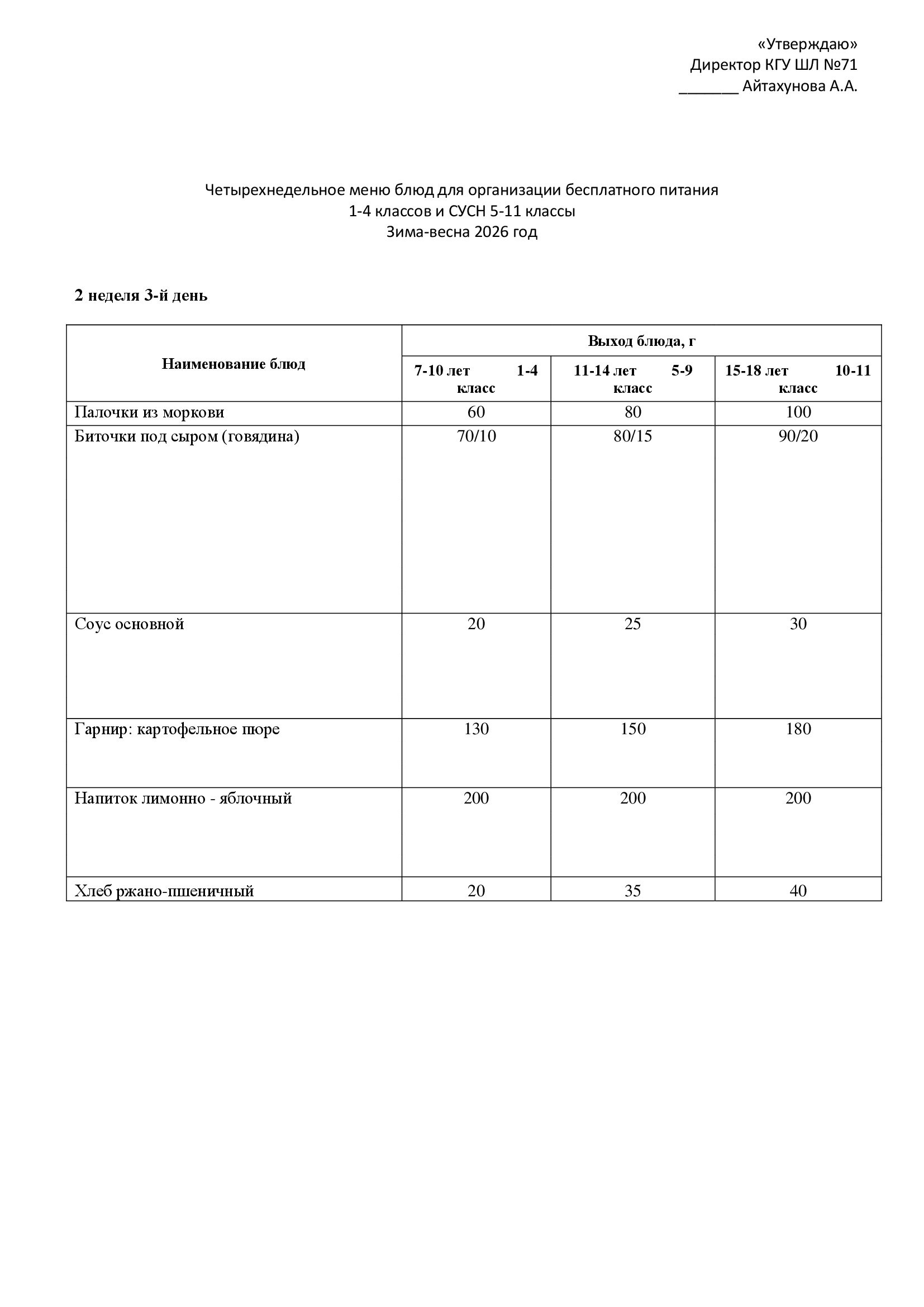 14.01.2026 жылына арналған ас мәзірі/Меню на 14.01.2026