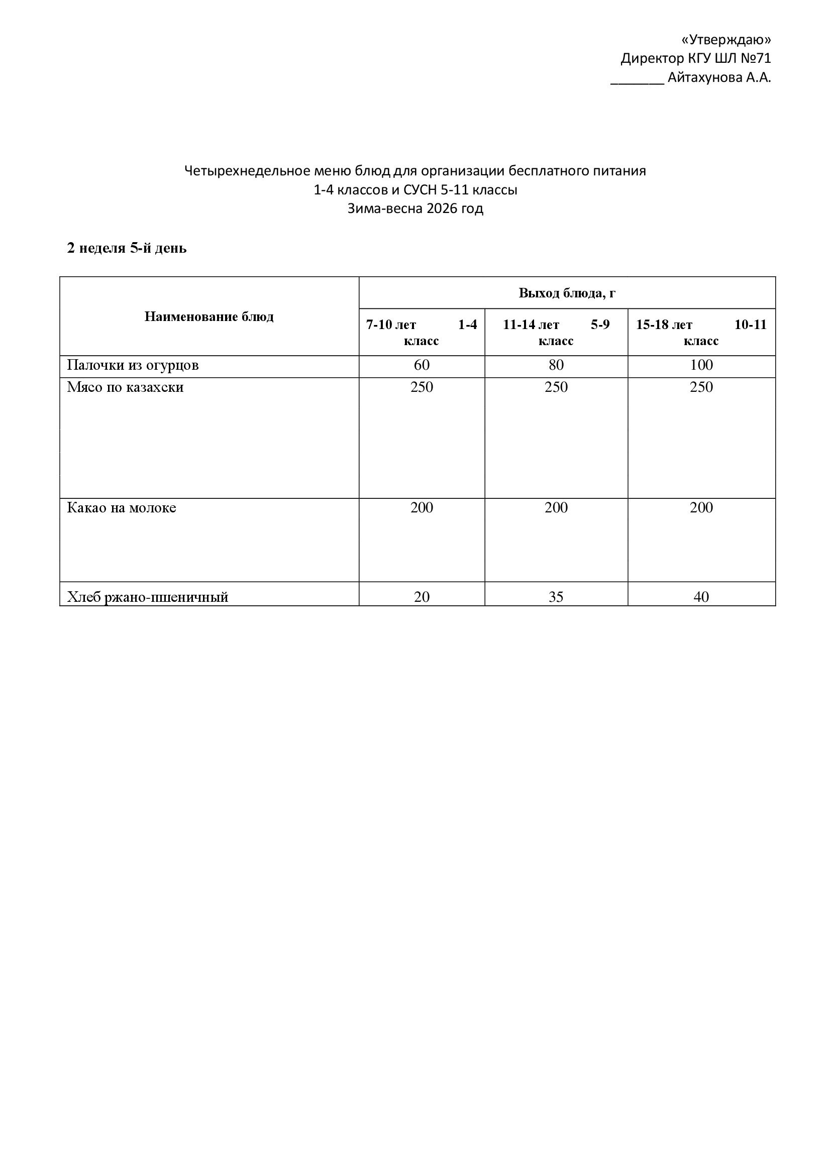 16.01.2026 жылына арналған ас мәзірі/Меню на 16.01.2026