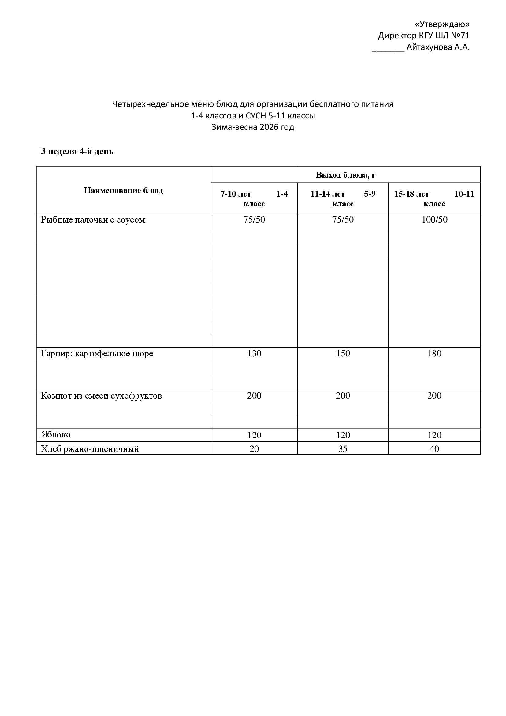 22.01.2026 жылына арналған ас мәзірі/Меню на 22.01.2026