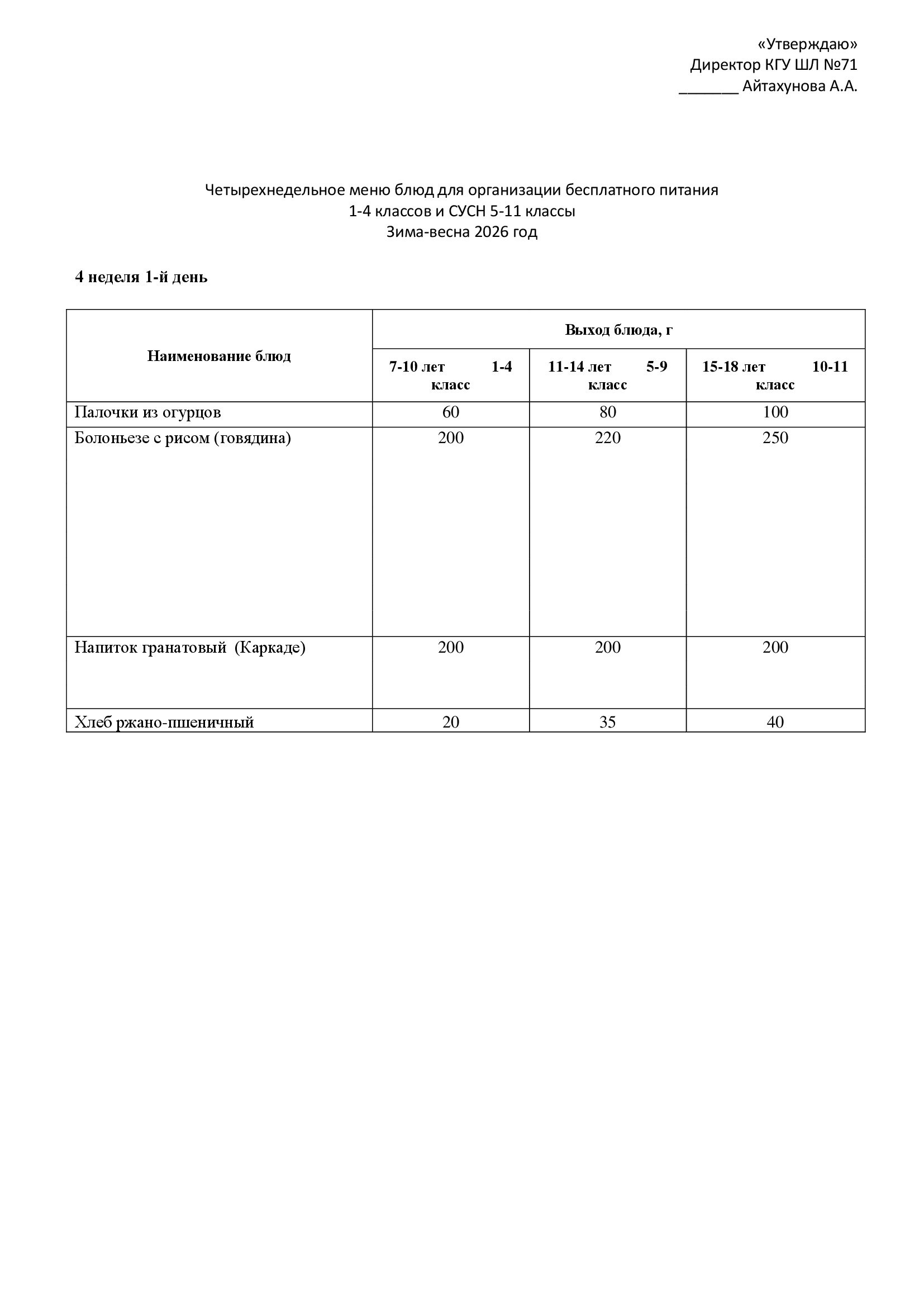 26.01.2026 жылына арналған ас мәзірі/Меню на 26.01.2026