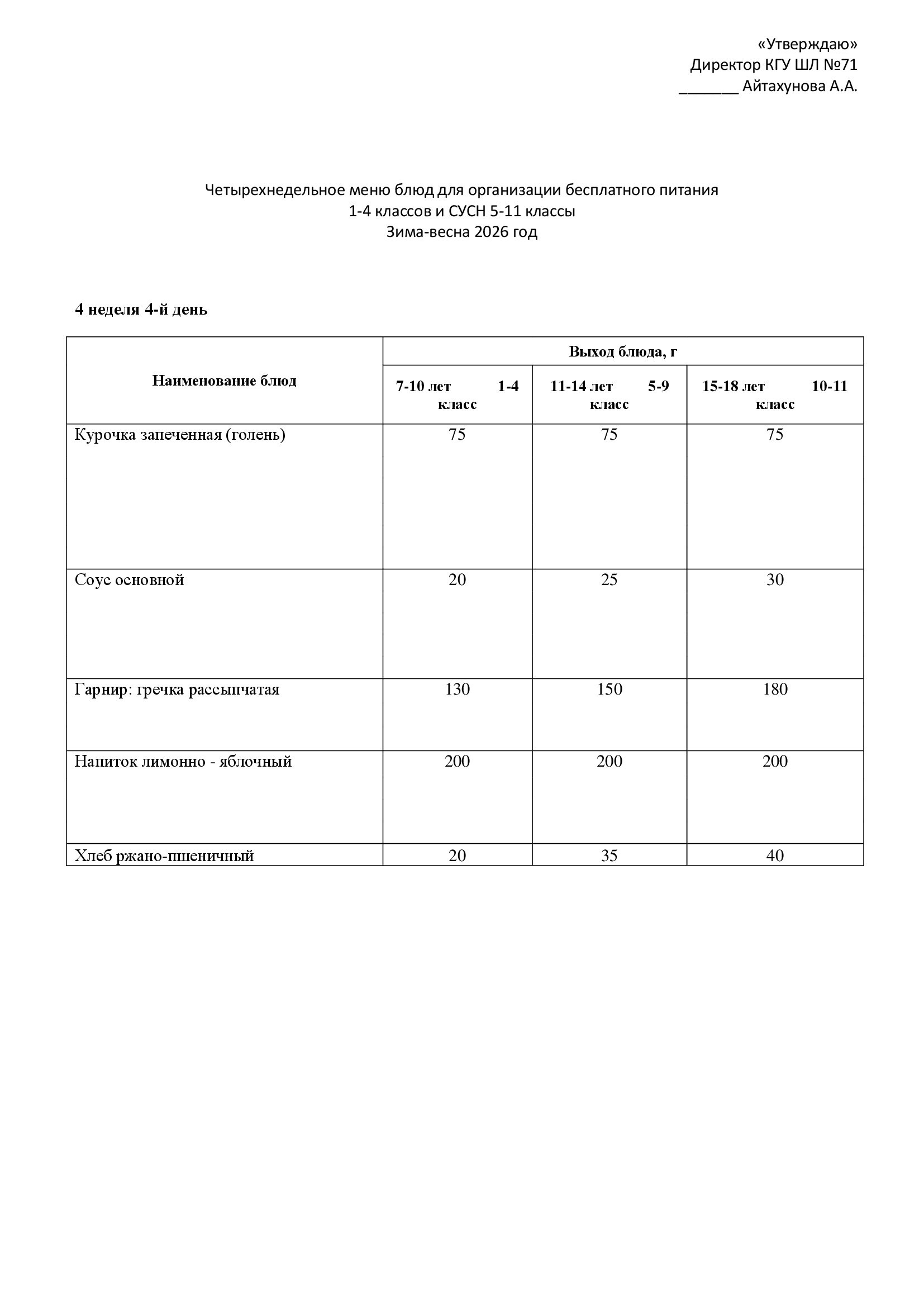 29.01.2026 жылына арналған ас мәзірі/Меню на 29.01.2026