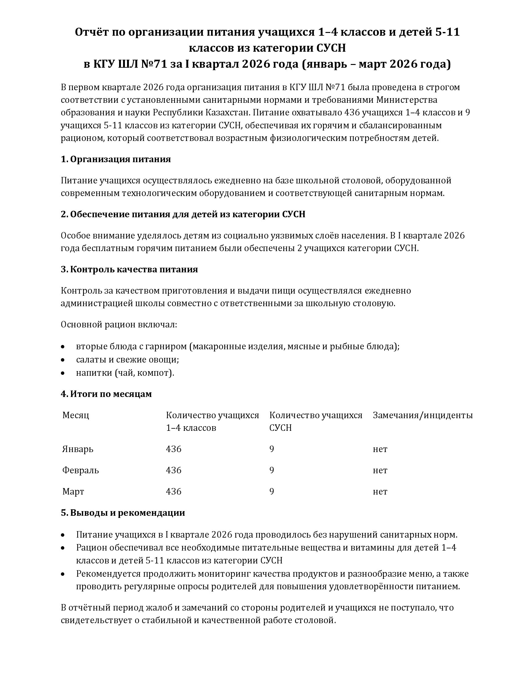 2026 жылдың I тоқсаны бойынша тамақтану сапасына мониторинг жүргізу комиссиясының есебі/Отчет комиссии по мониторингу за качеством питания за 1 квартал 2026 год